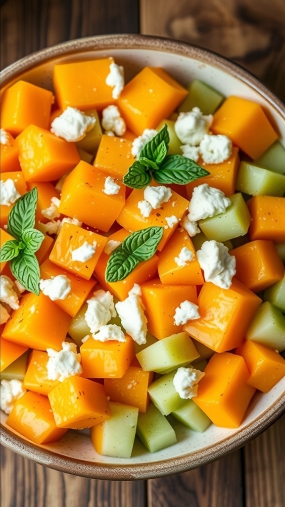 A colorful feta melon salad with cantaloupe, honeydew, feta cheese, and mint on a wooden table.